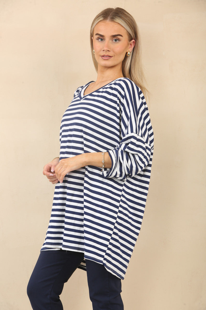 GESTREEPTE V-HALS TOP MET LANGE MOUWEN - MARINEBLAUW