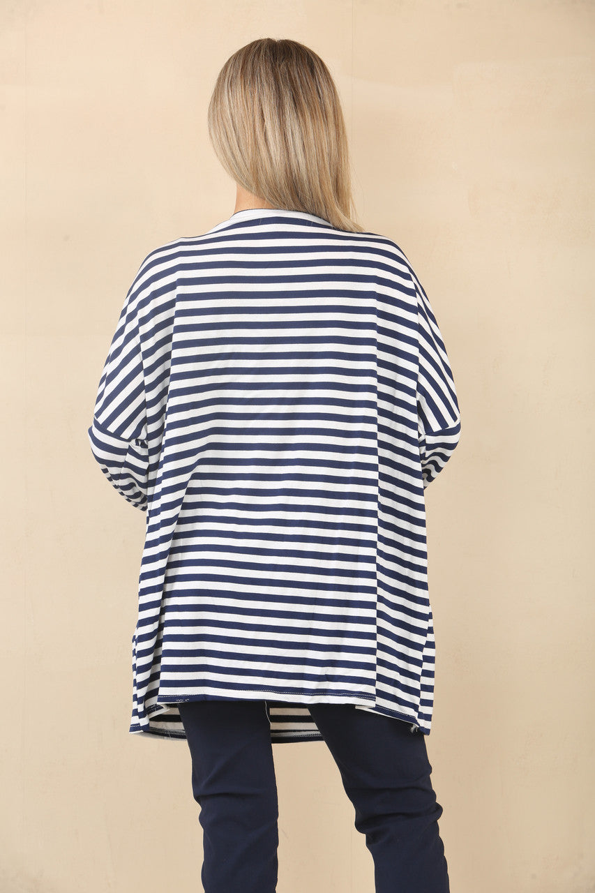 GESTREEPTE V-HALS TOP MET LANGE MOUWEN - MARINEBLAUW