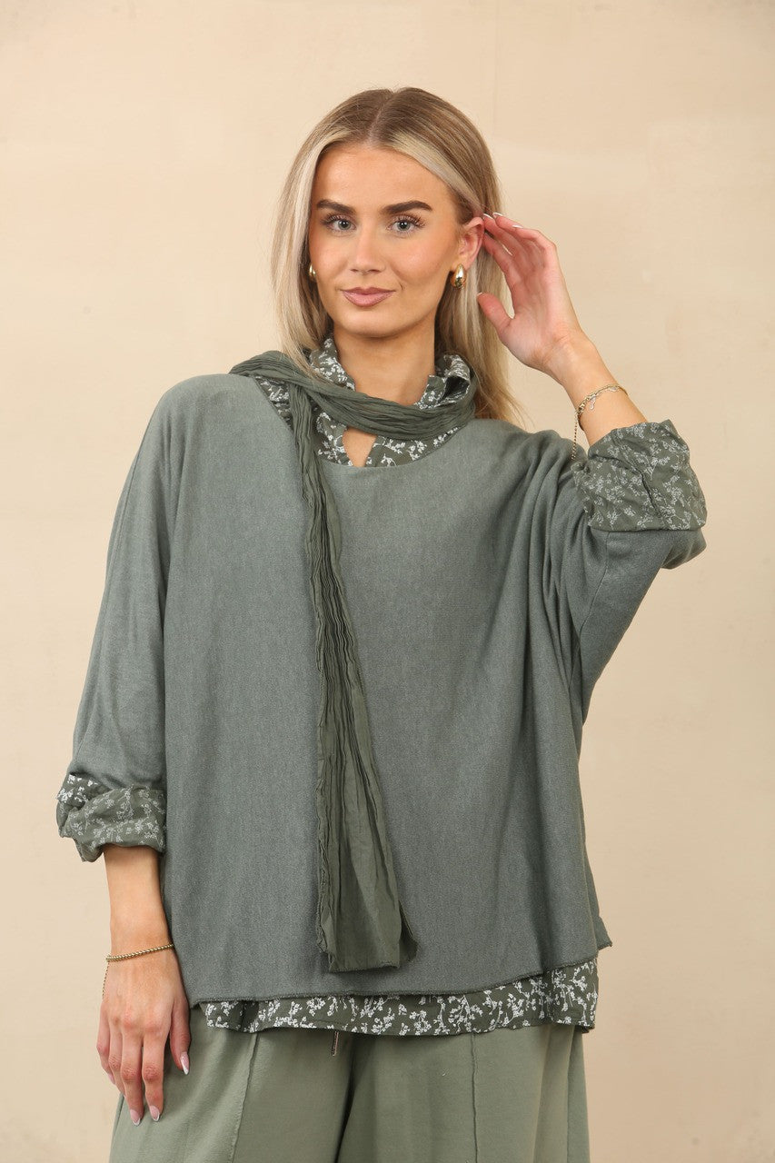 2 IN 1 FLORAL PRINT SHIRT WITH JUMPER & SCARF - KHAKI