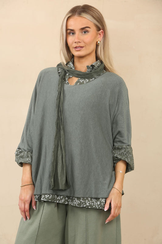 2-IN-1 SHIRT MET BLADERENPRINT, TRUI EN SJAAL - KHAKI