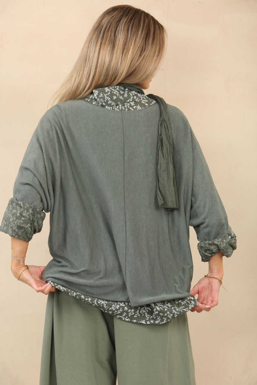 2 IN 1 FLORAL PRINT SHIRT WITH JUMPER & SCARF - KHAKI