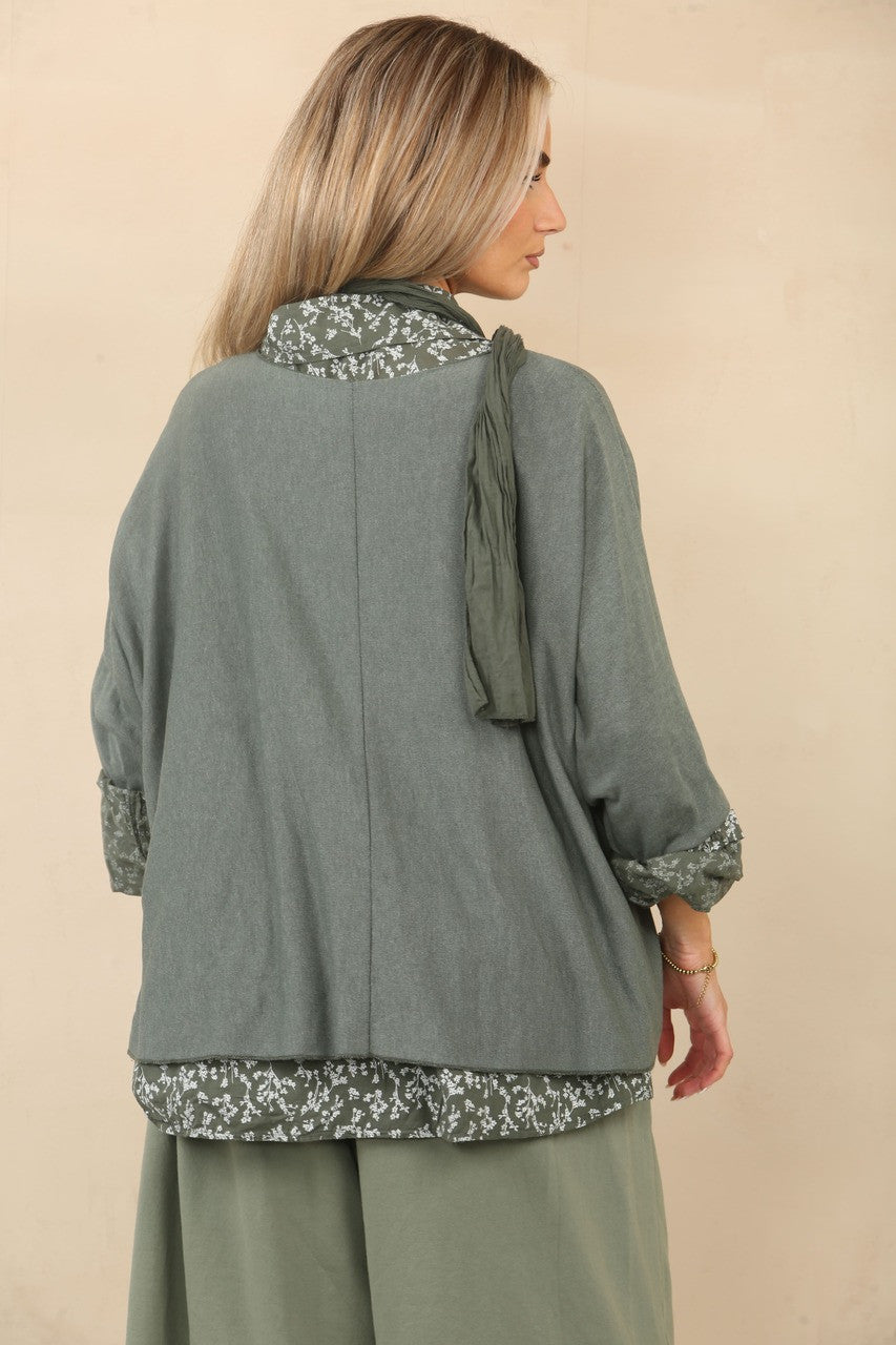 2 IN 1 FLORAL PRINT SHIRT WITH JUMPER & SCARF - KHAKI