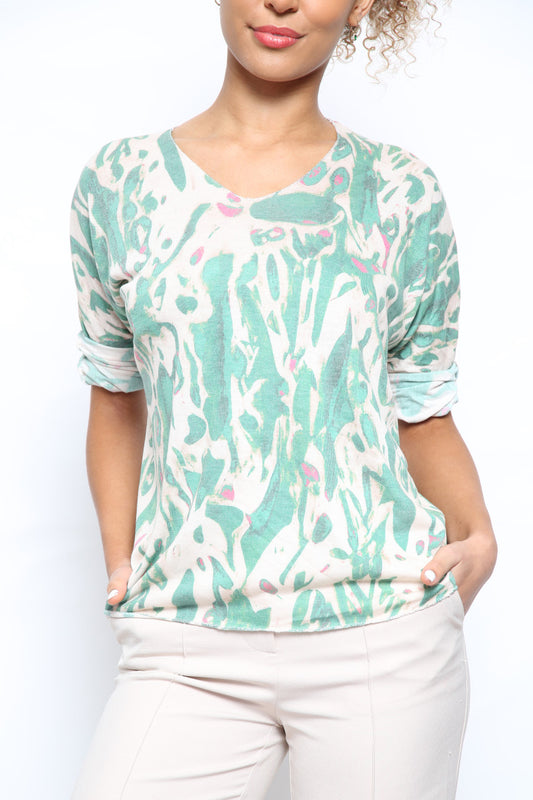Ladies Watercolour Paint Print Top Green