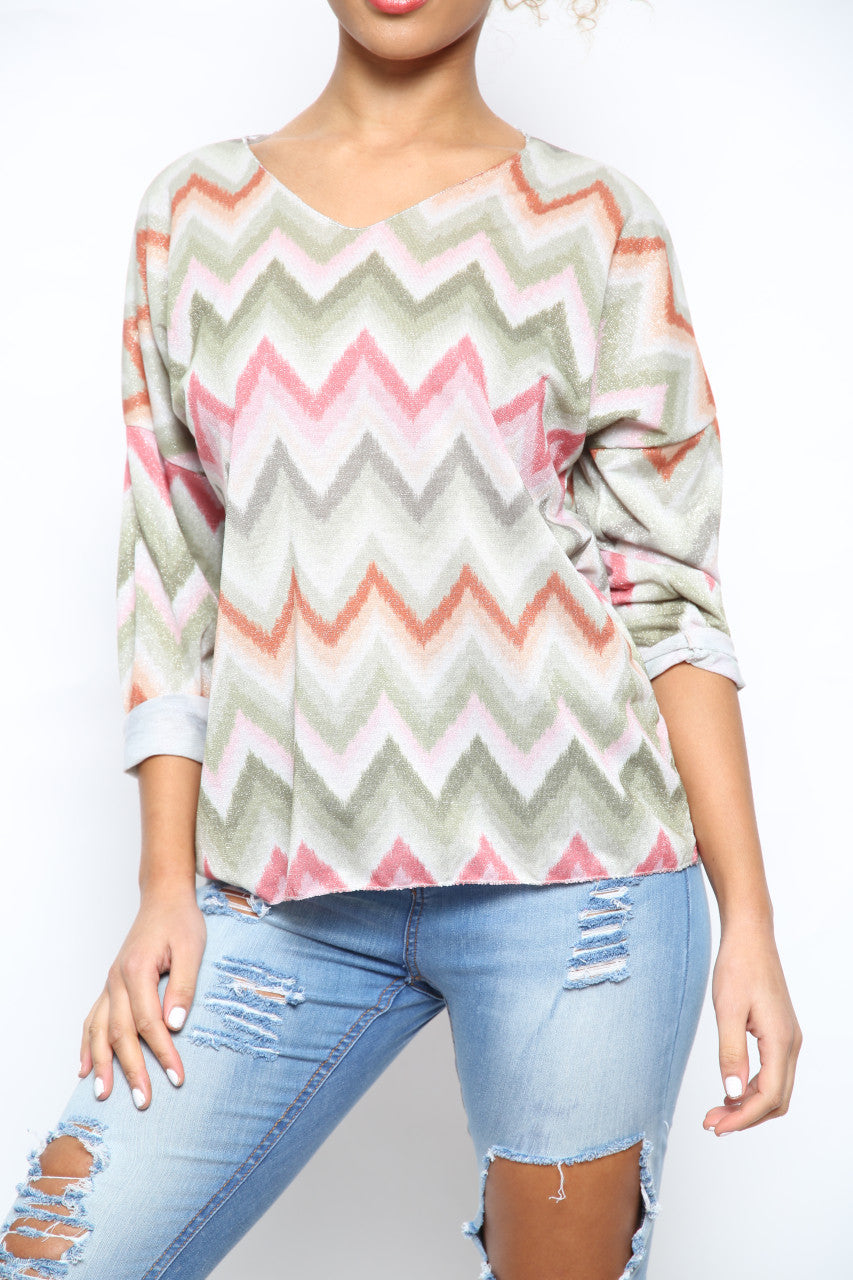 Ladies Shimmer Zig Zag Print Top Khaki