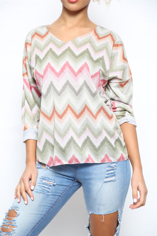 Ladies Shimmer Zig Zag Print Top Khaki