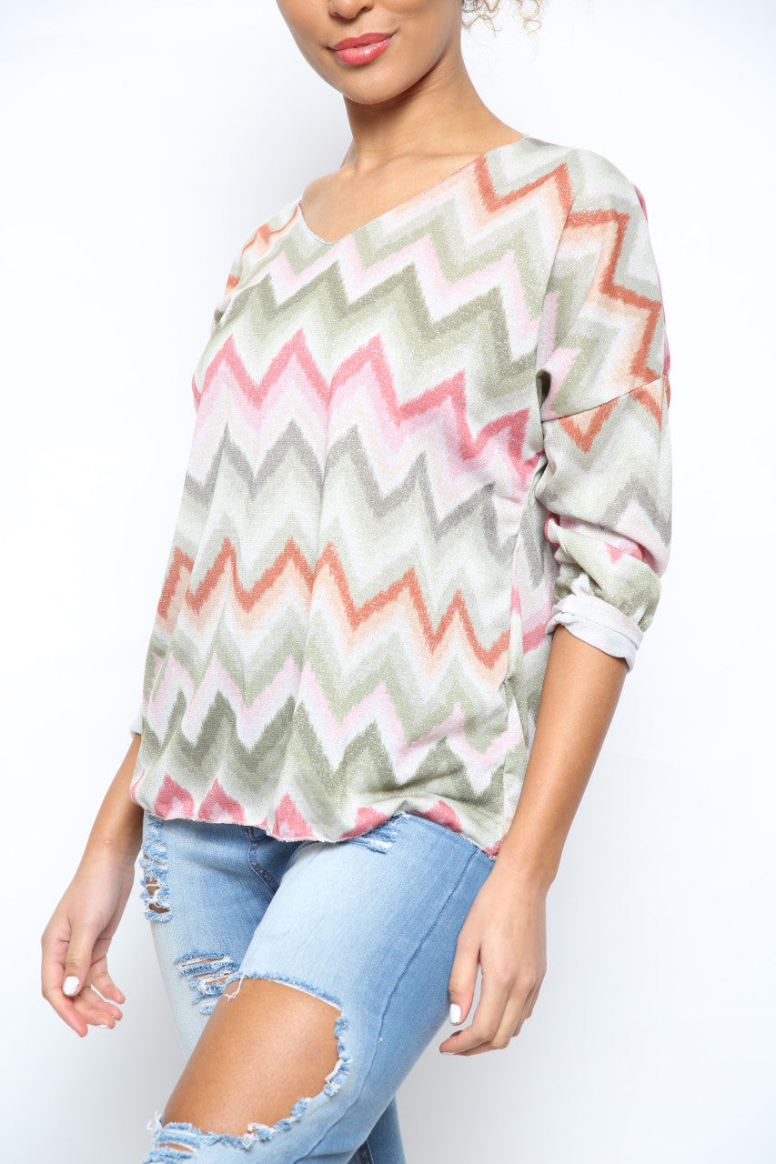 Ladies Shimmer Zig Zag Print Top Khaki