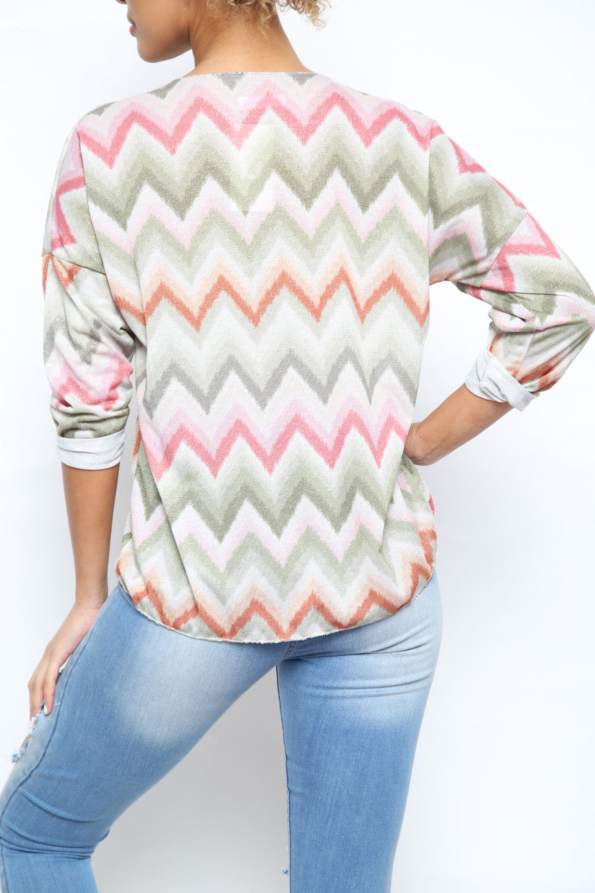 Ladies Shimmer Zig Zag Print Top Khaki