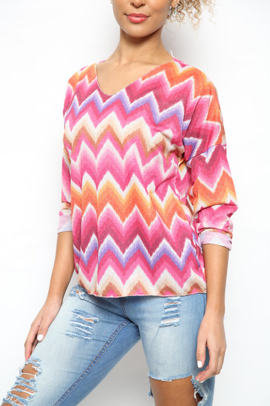 Ladies Shimmer Zig Zag Print Top Cerise