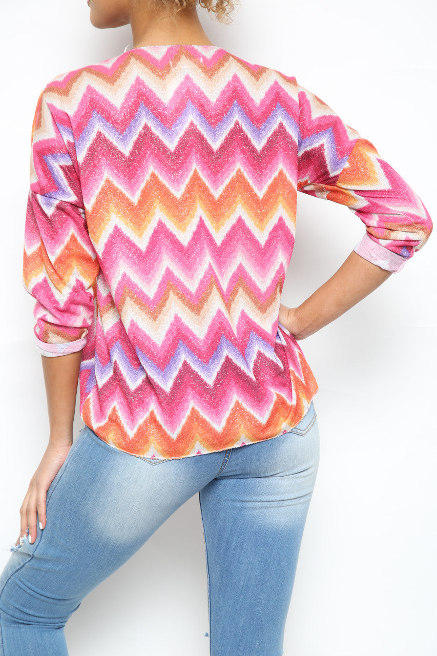 Ladies Shimmer Zig Zag Print Top Cerise