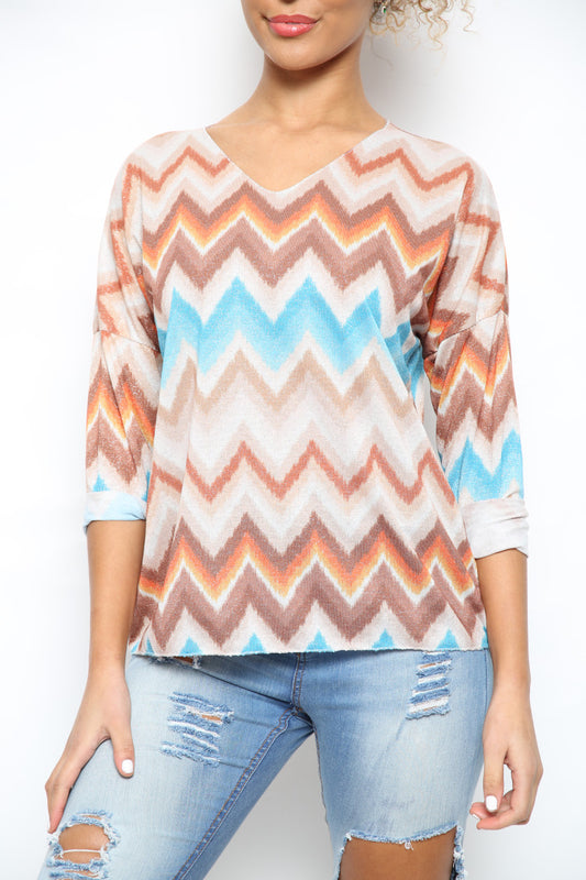 Ladies Shimmer Zig Zag Print Top Stone