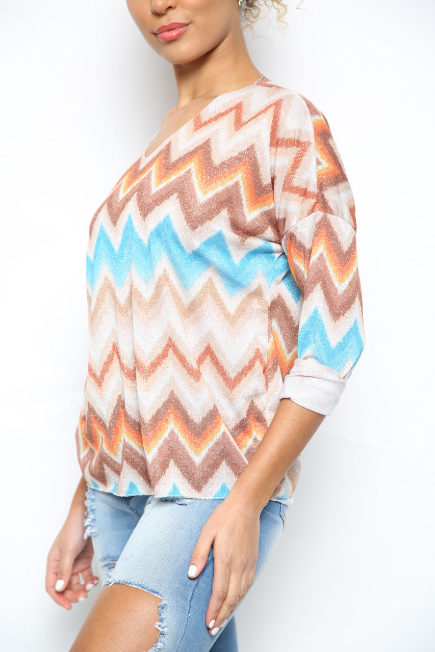 Ladies Shimmer Zig Zag Print Top Stone