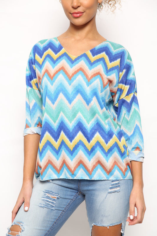 Ladies Shimmer Zig Zag Print Top Blue