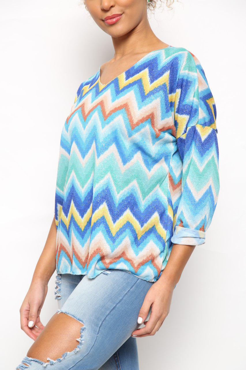 Ladies Shimmer Zig Zag Print Top Blue