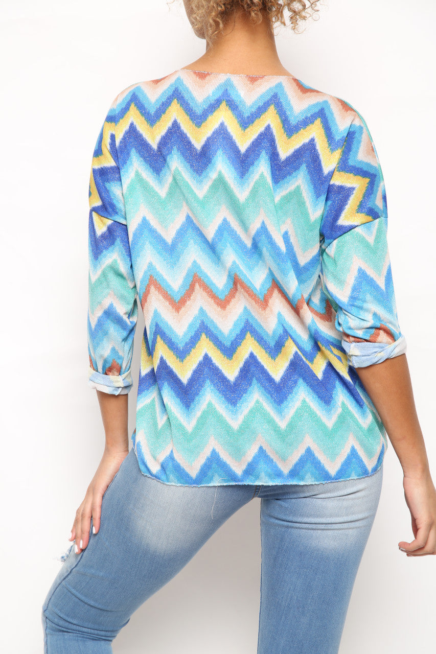 Ladies Shimmer Zig Zag Print Top Blue