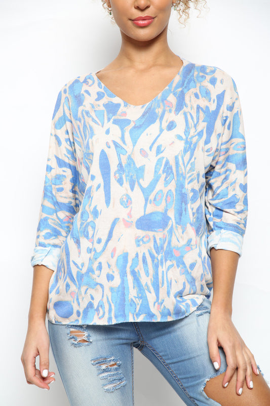 Ladies Watercolour Paint Print Top Blue