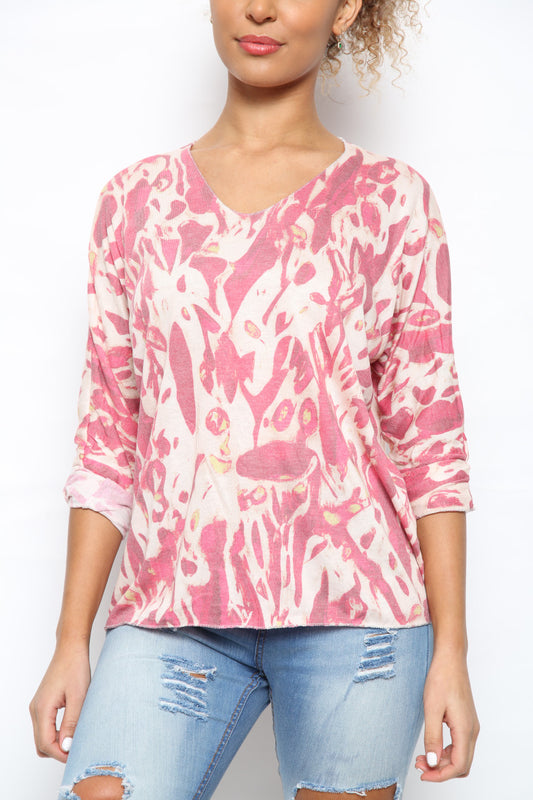 Ladies Watercolour Paint Print Top Pink