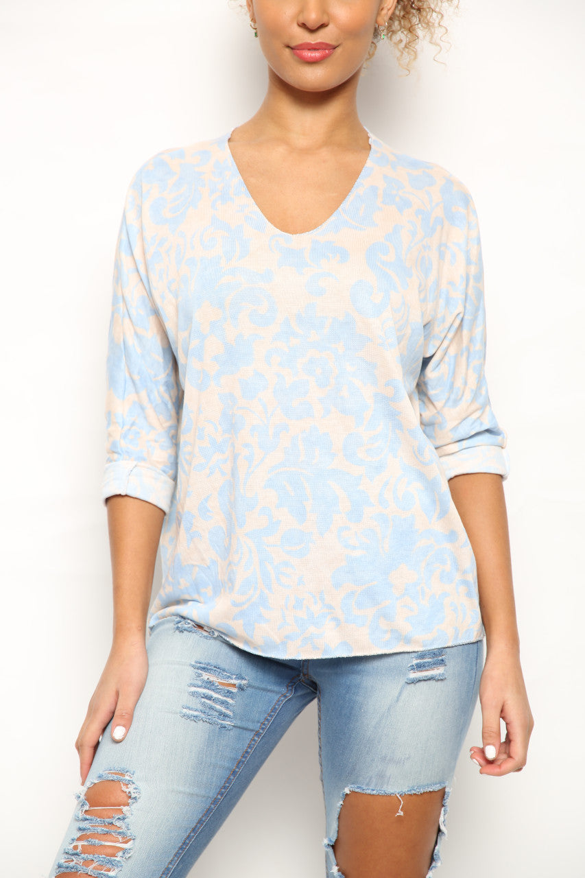 Ladies Baroque Print Top Sky Blue