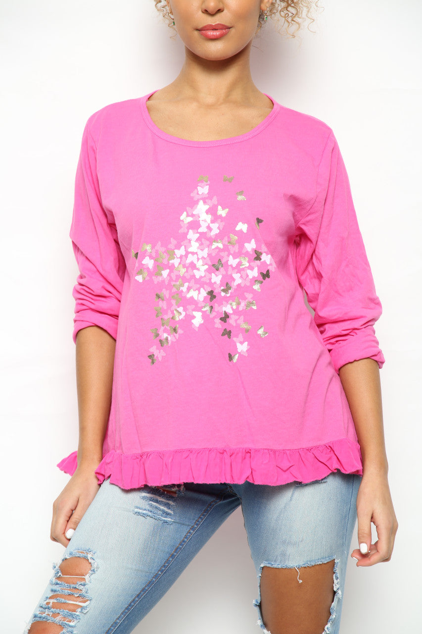 Dames Top met Ditzy Folie Vlinderprint Cerise