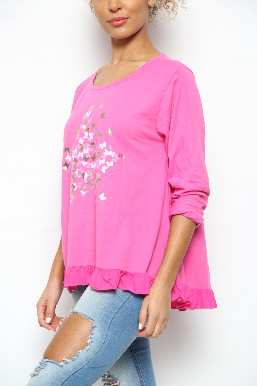 Dames Top met Ditzy Folie Vlinderprint Cerise