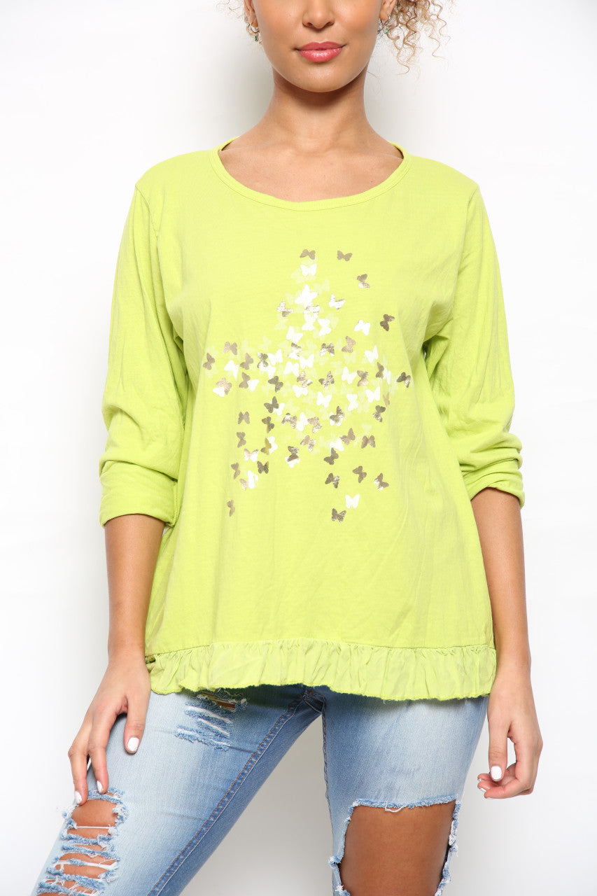 Dames top met ditsy folie vlinderprint limoen