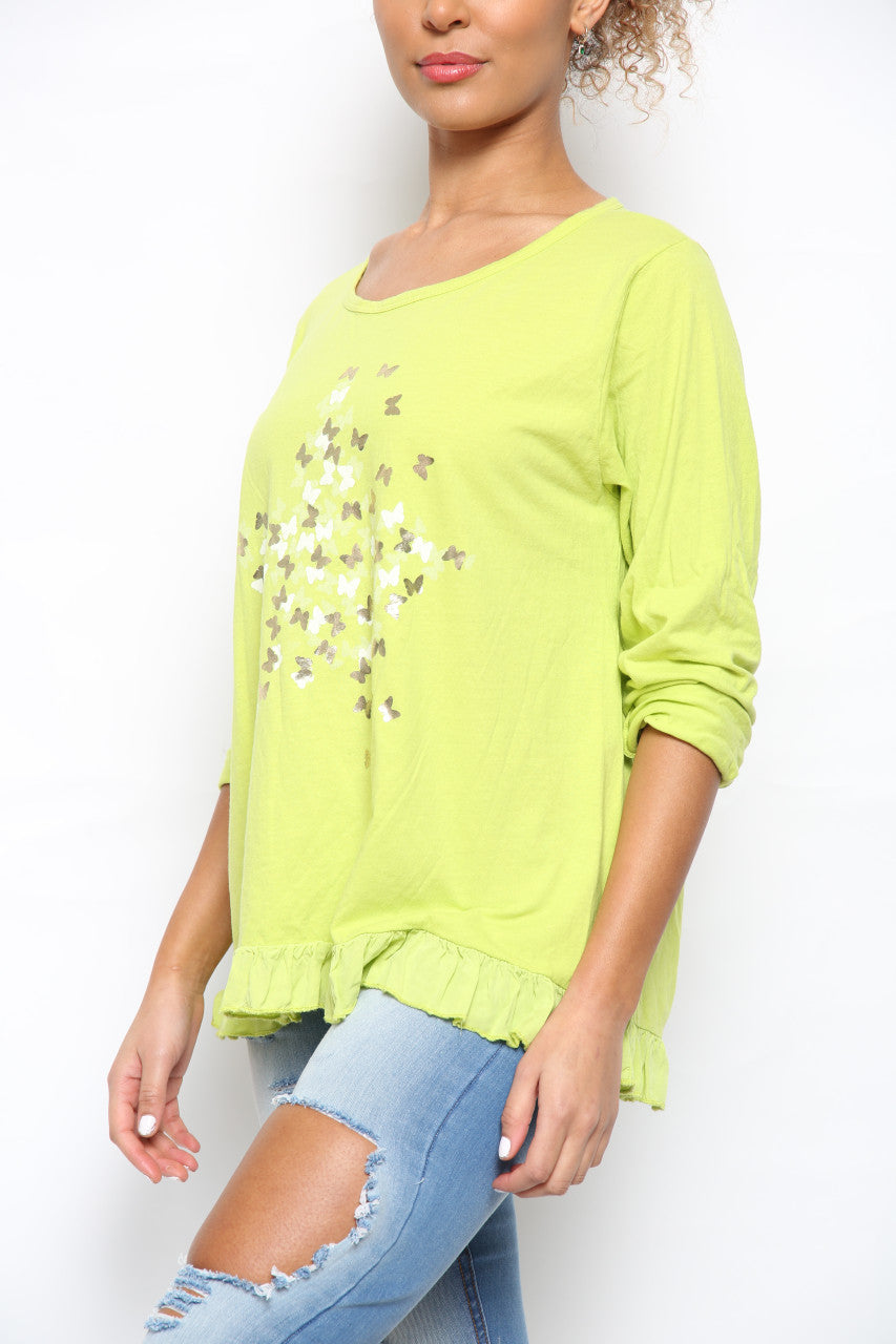 Dames top met ditsy folie vlinderprint limoen
