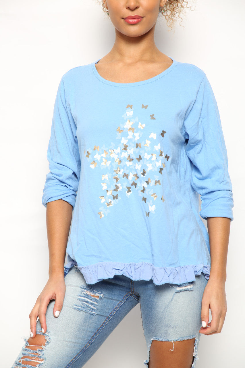 Ladies Ditsy Foil Butterfly Print Top Sky Blue