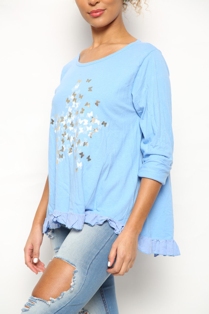 Ladies Ditsy Foil Butterfly Print Top Sky Blue