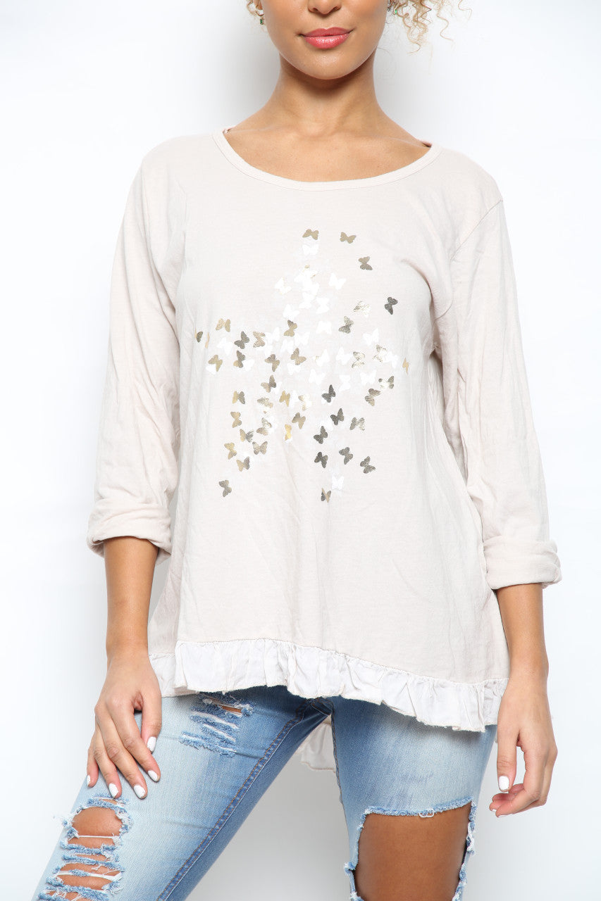 Ladies Ditsy Foil Butterfly Print Top Stone