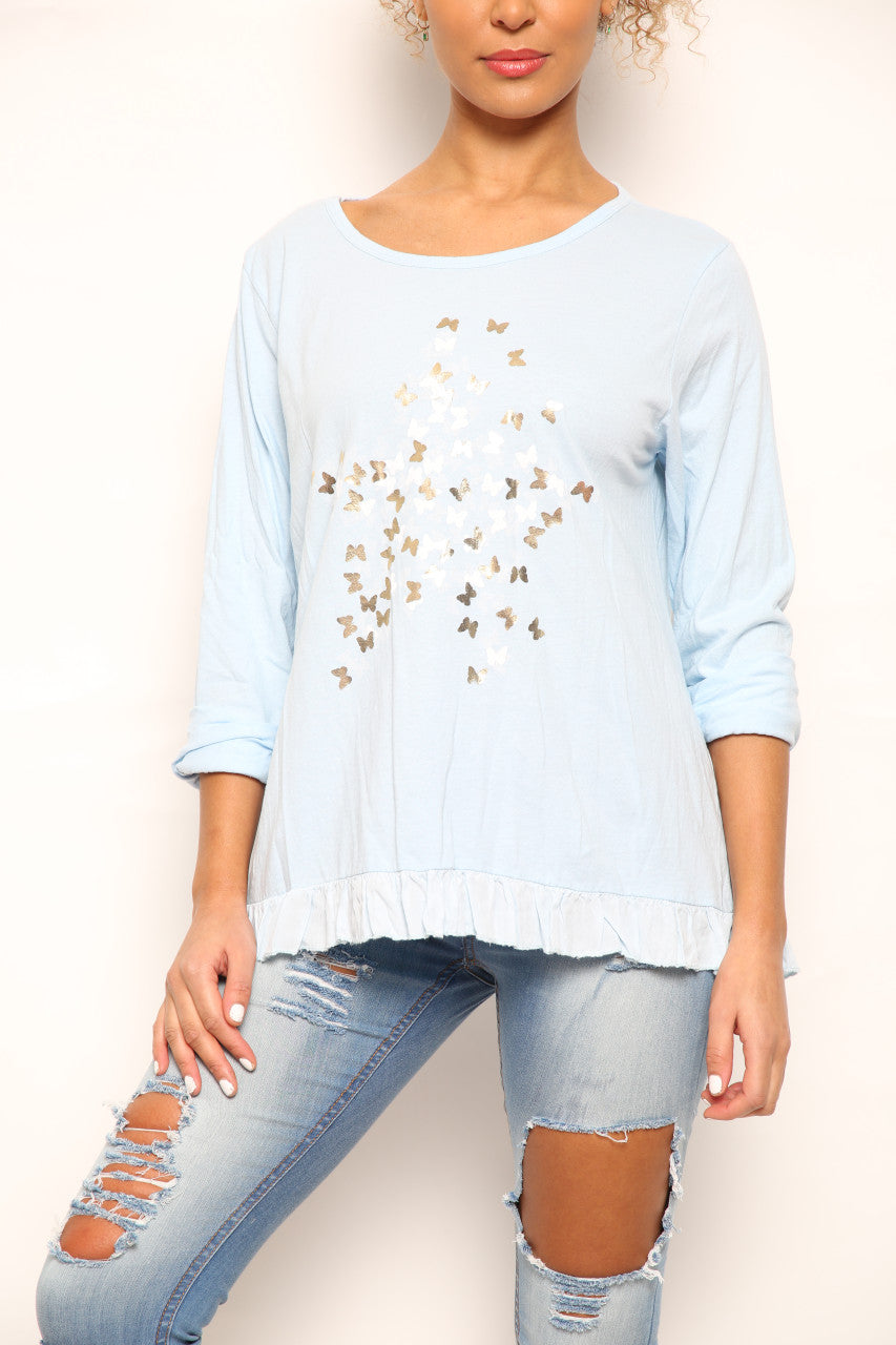 Ladies Ditsy Foil Butterfly Print Top Light Blue
