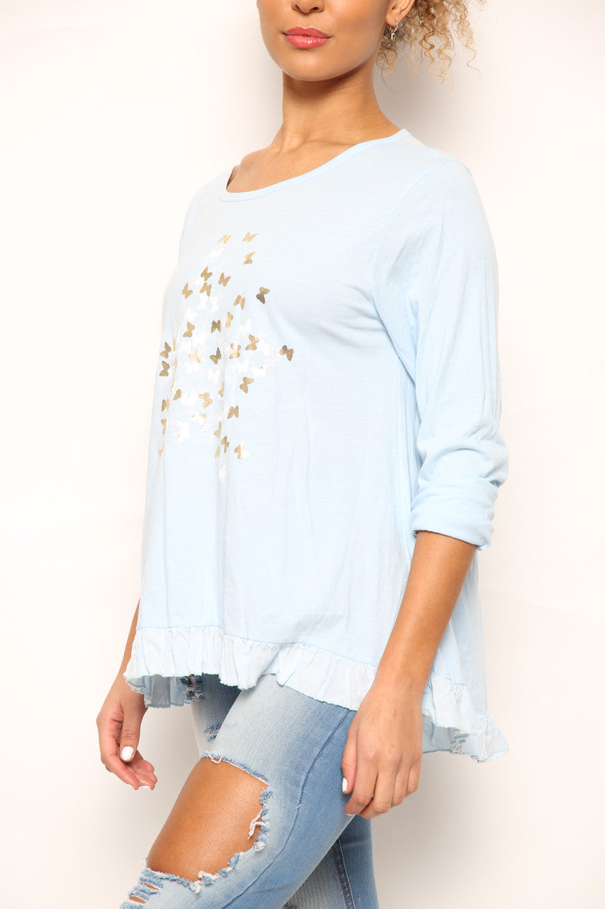 Ladies Ditsy Foil Butterfly Print Top Light Blue