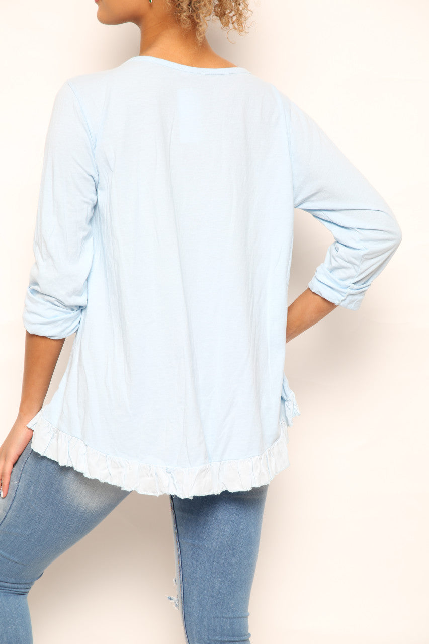 Ladies Ditsy Foil Butterfly Print Top Light Blue
