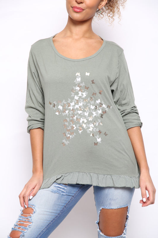 Ladies Ditsy Foil Butterfly Print Top Khaki