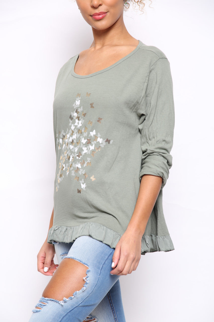 Ladies Ditsy Foil Butterfly Print Top Khaki