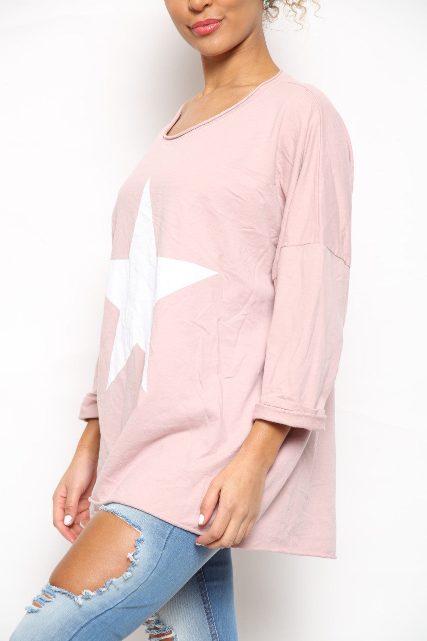 Ladies Star Graphic Sweatshirt Top Dusty Pink