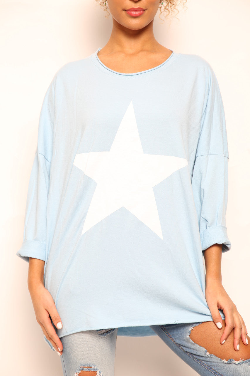 Ladies Star Graphic Sweatshirt Top Sky  Blue