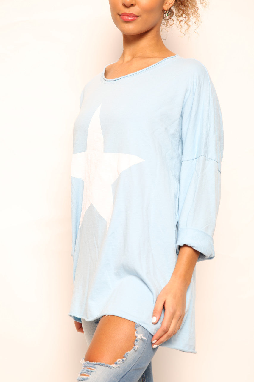 Ladies Star Graphic Sweatshirt Top Sky  Blue