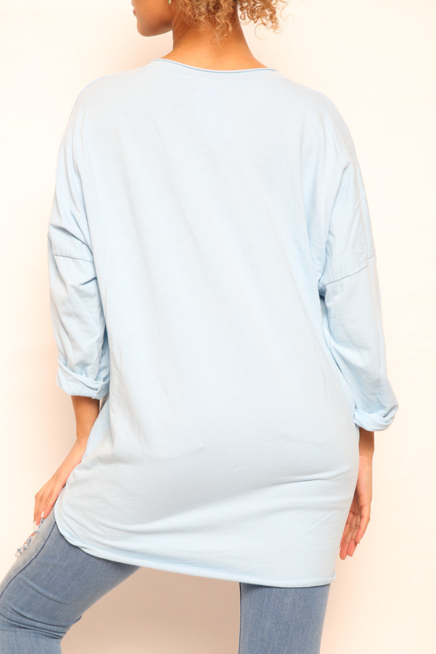 Ladies Star Graphic Sweatshirt Top Sky  Blue
