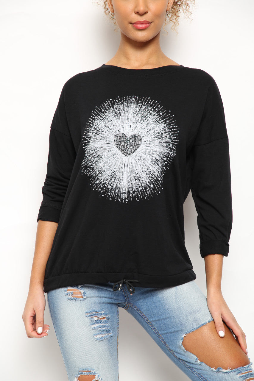 Ladies Sequin Heart Graphic Drawstring Hem Top Black