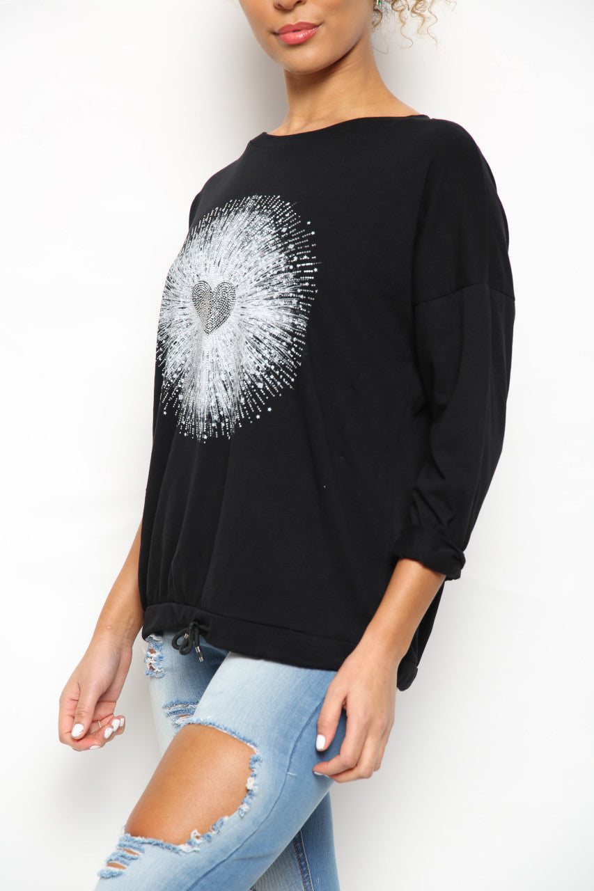 Ladies Sequin Heart Graphic Drawstring Hem Top Black