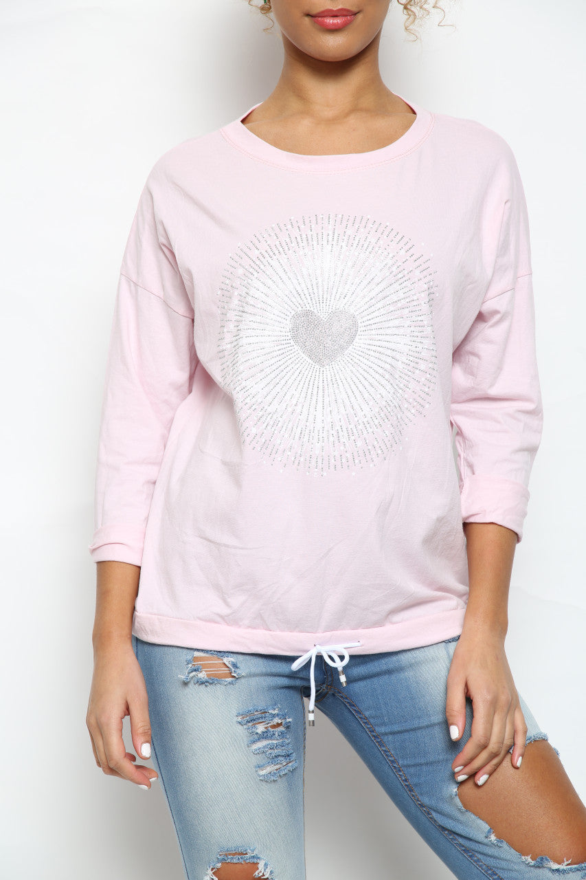 Ladies Sequin Heart Graphic Drawstring Hem Top Dusty Pink