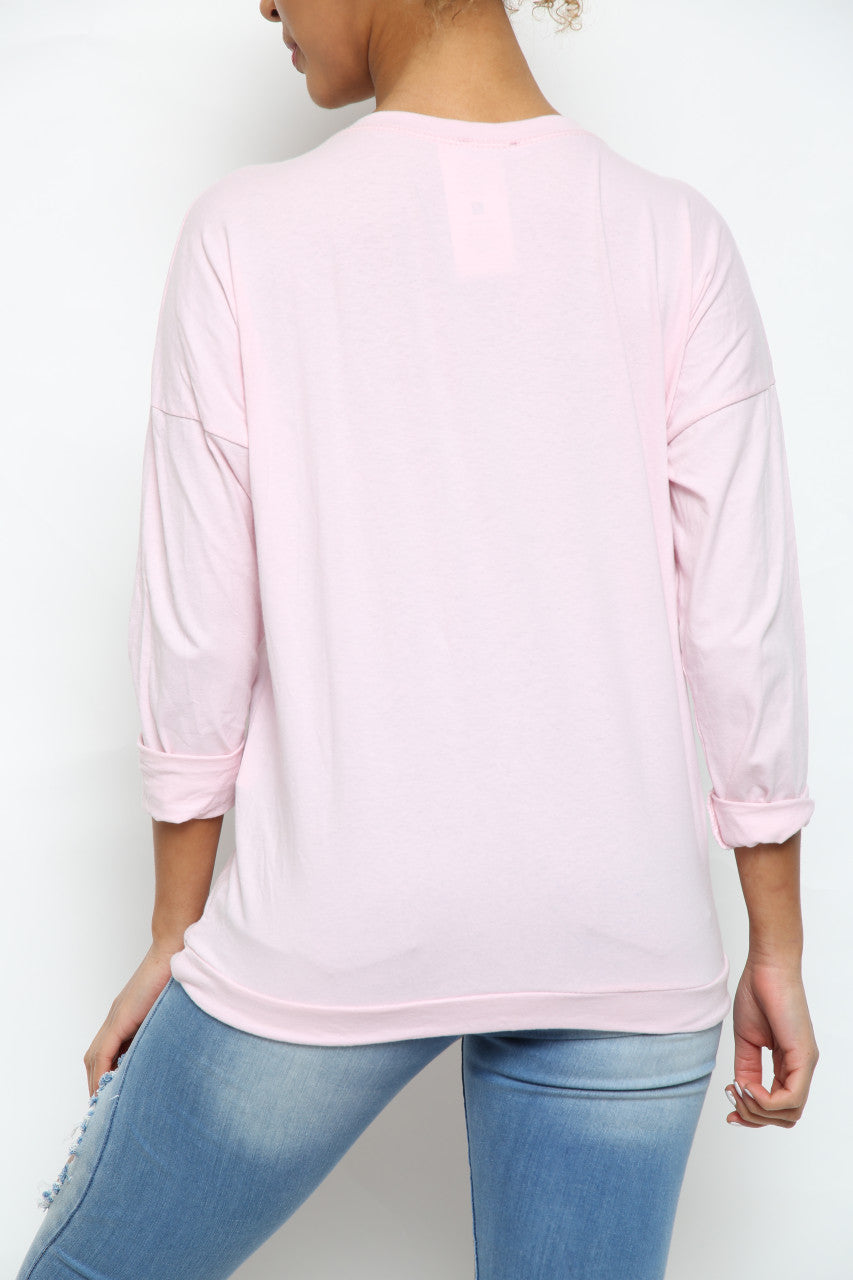 Ladies Sequin Heart Graphic Drawstring Hem Top Dusty Pink