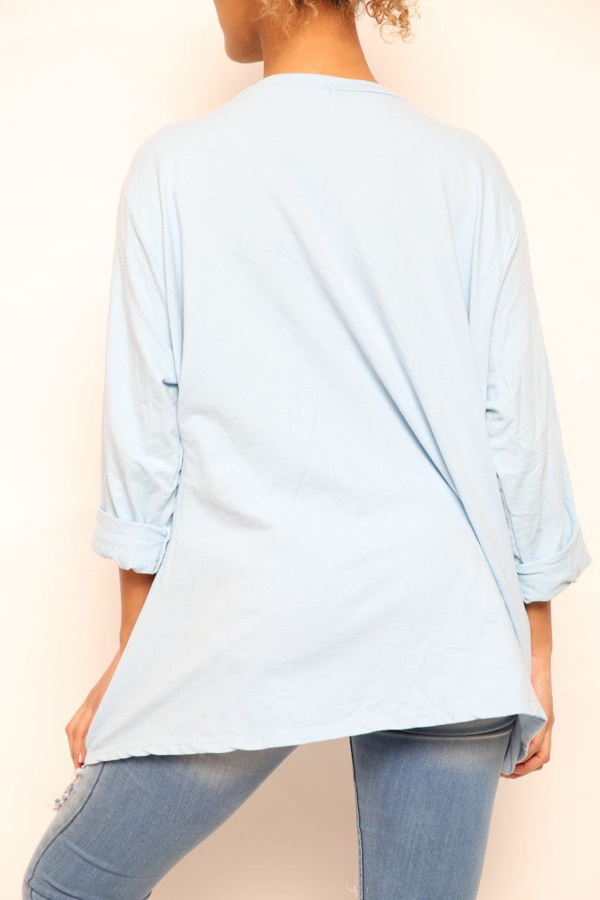 Dames Sweatshirt Top met Grafische Details opzij - Hemelsblauw
