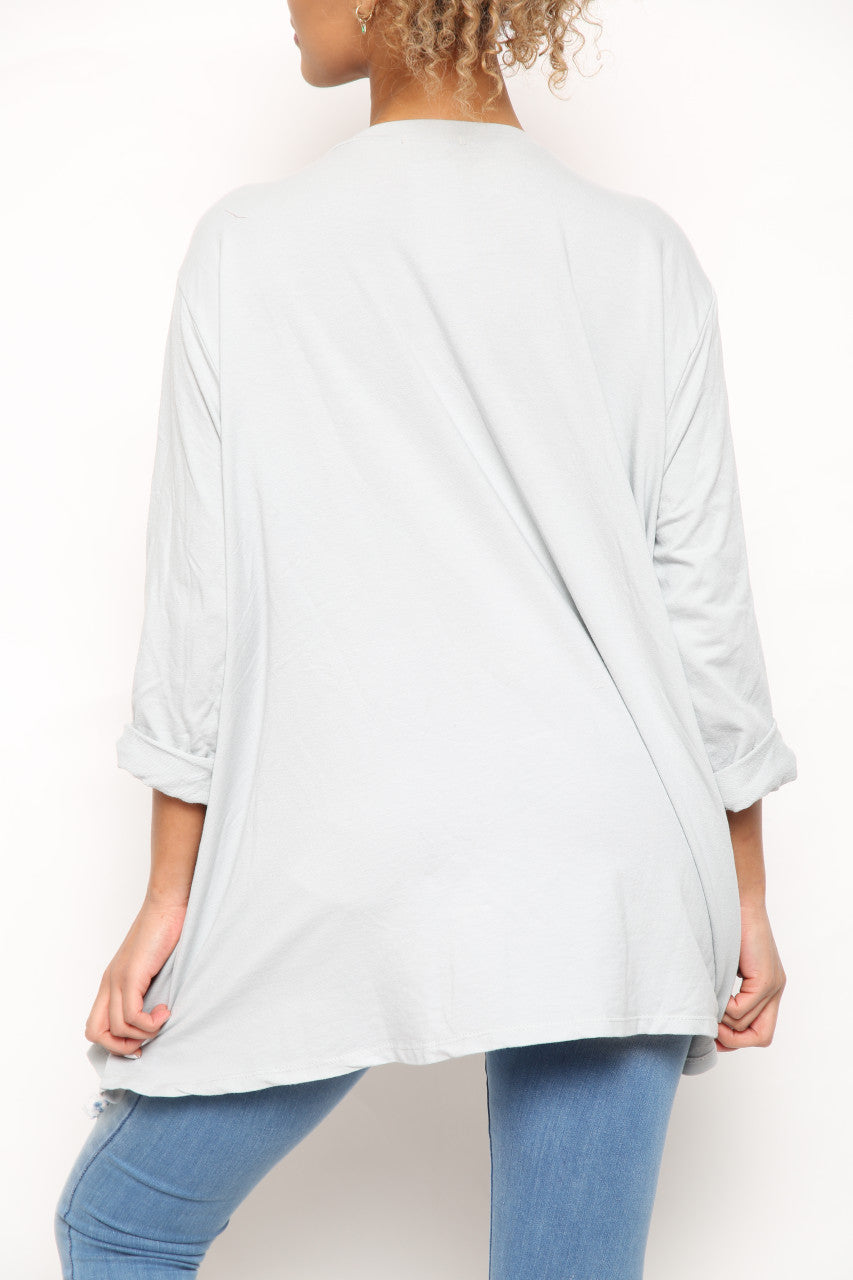 Ladies Fold Side Detail Graphic Sweatshirt Top Silver