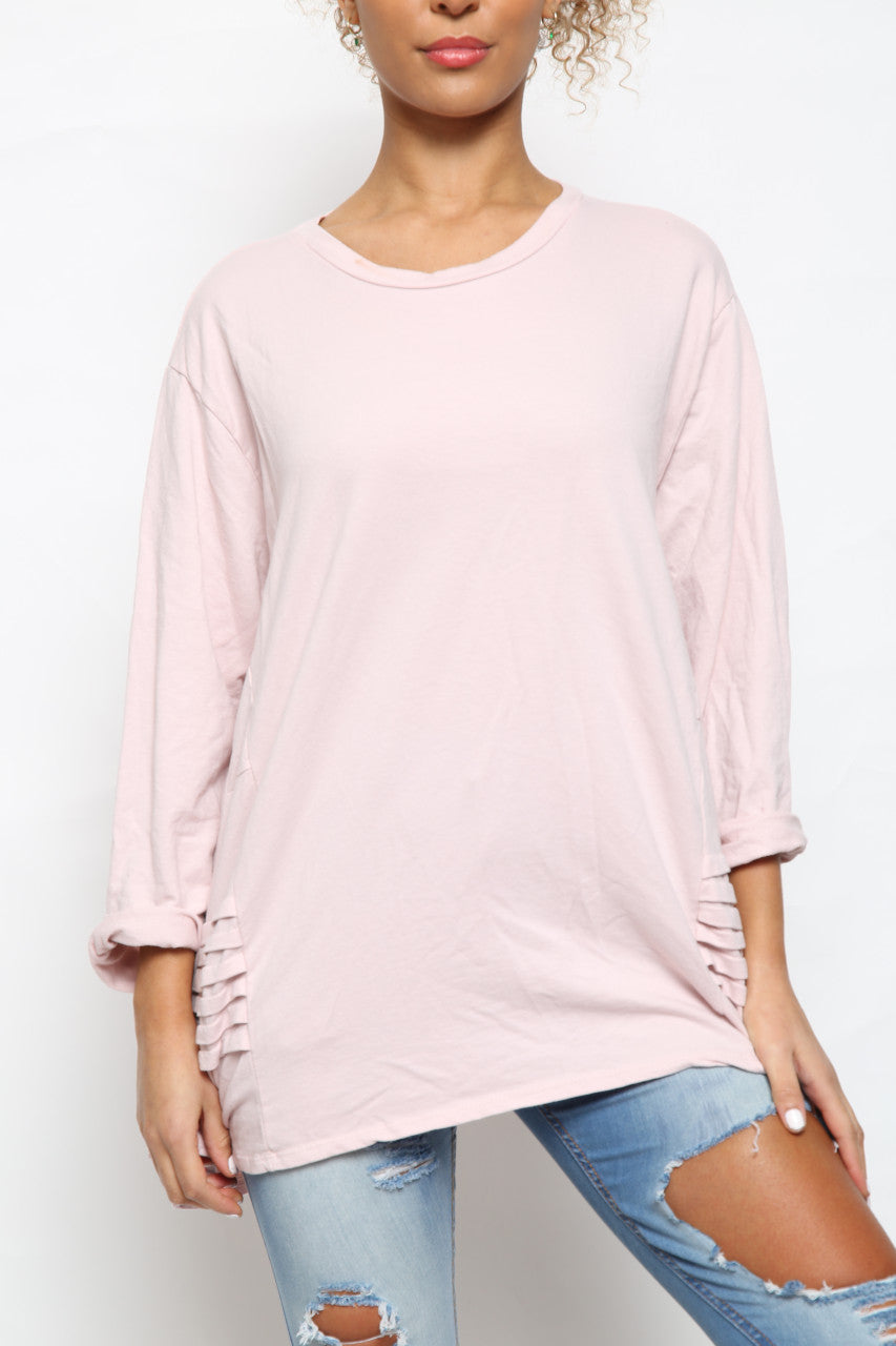 Ladies Fold Side Detail Graphic Sweatshirt Top Dusty Pink
