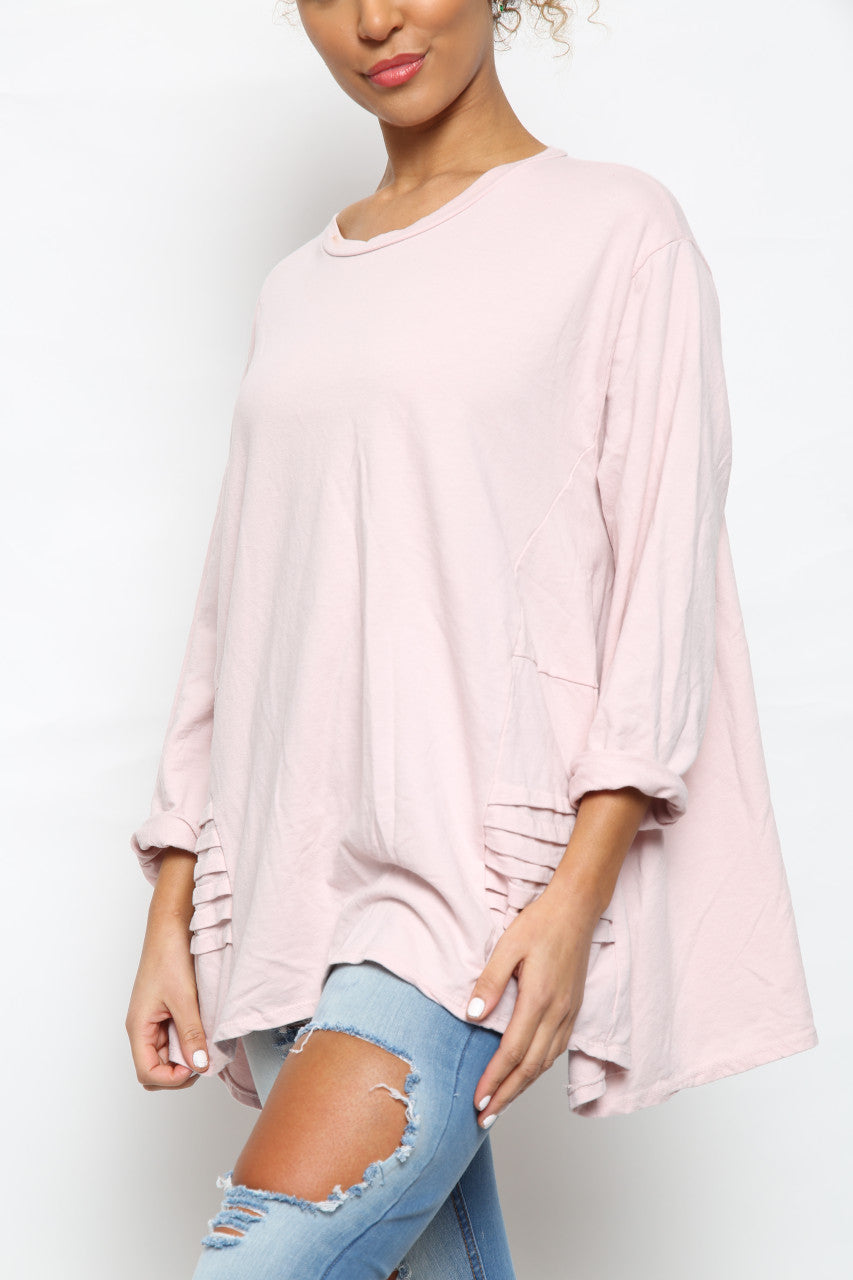Ladies Fold Side Detail Graphic Sweatshirt Top Dusty Pink