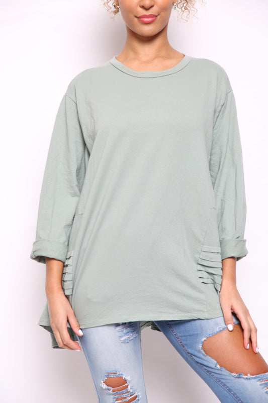 Dames Sweatshirt met Grafische Opdruk en Plooien aan de Zijkant Kaki