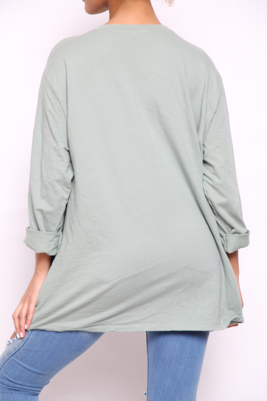 Dames Sweatshirt met Grafische Opdruk en Plooien aan de Zijkant Kaki