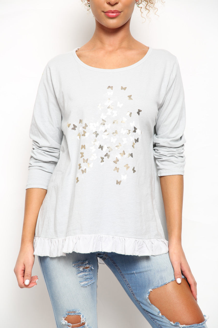 Dames top met bloemen- en vlinderprint met folie, zilverkleurig