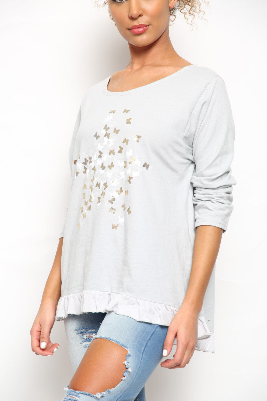 Dames top met bloemen- en vlinderprint met folie, zilverkleurig