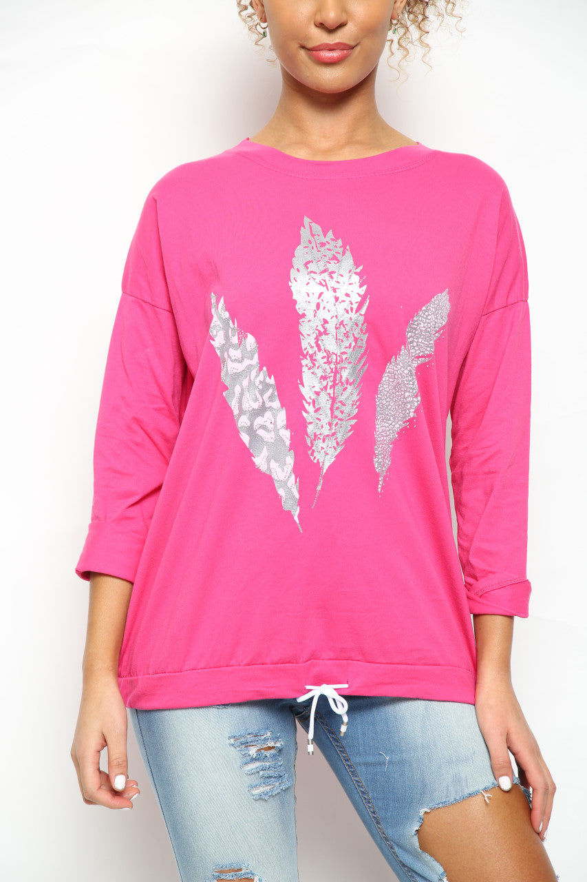 Ladies Foil Feather Graphic Drawstring Hem Top Cerise